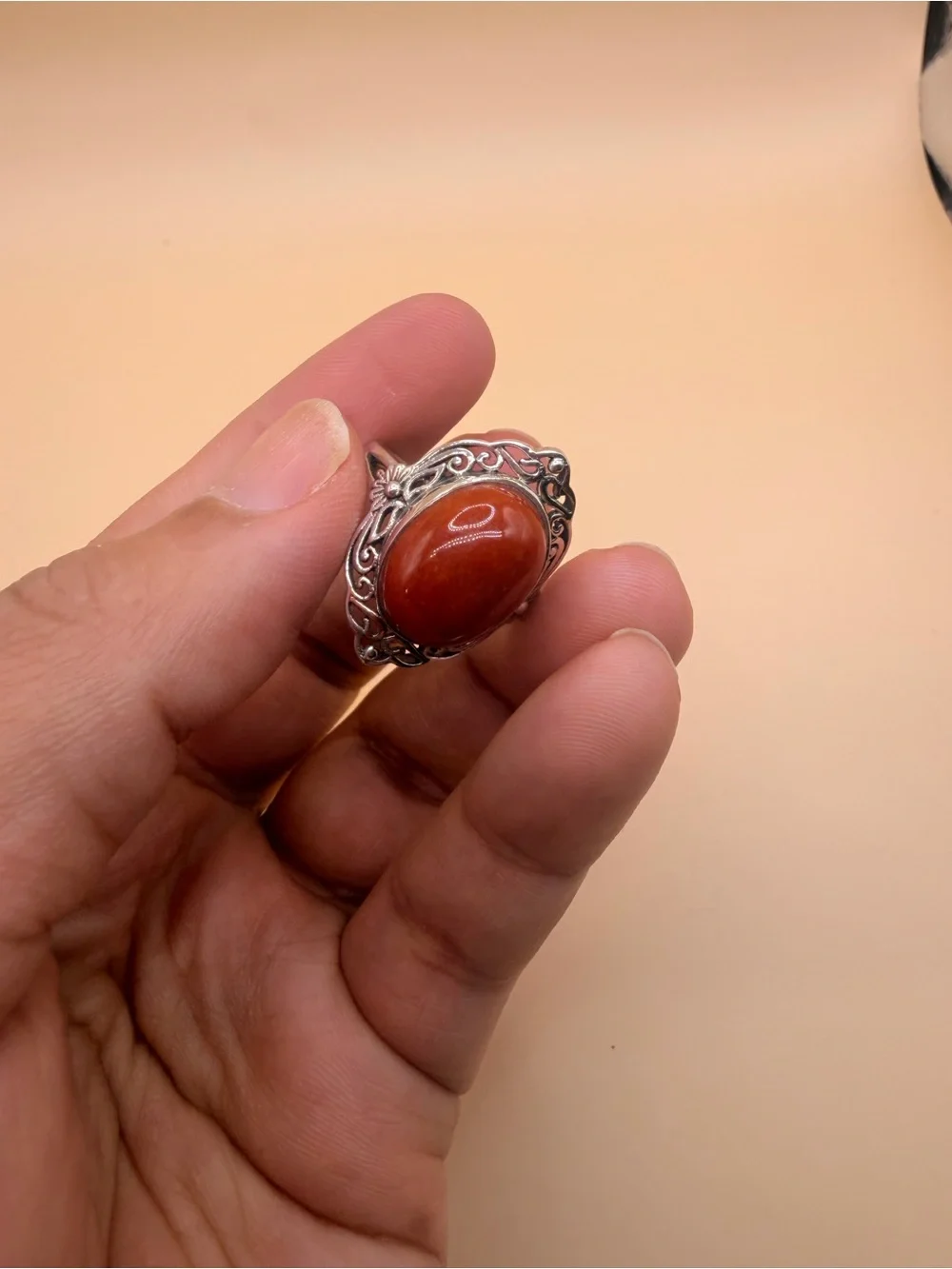 925 Sterling Silver Orange Jade Ring Size 10.5.